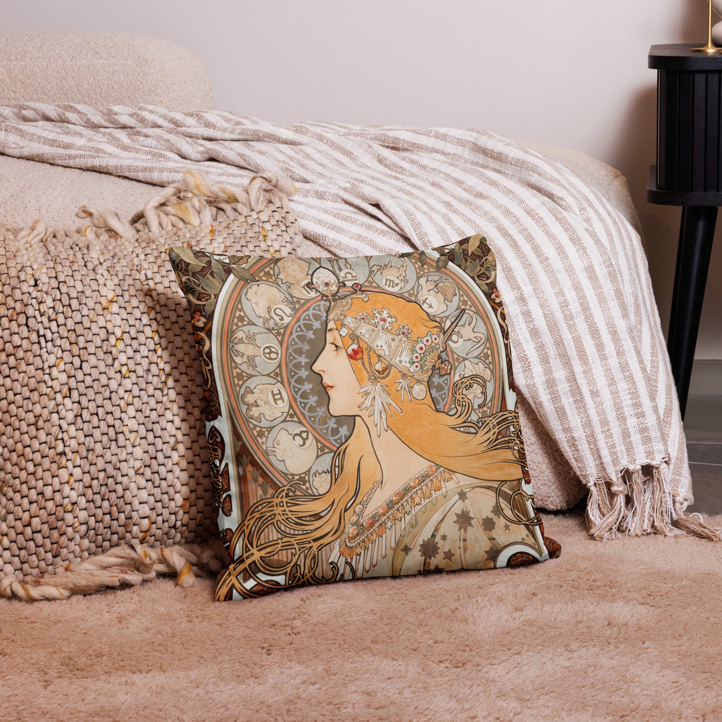 Premium Pillow Case - Zodiaque or La Plume by Alphonse Maria Mucha